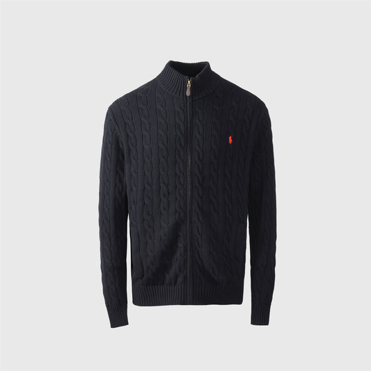 Polo Ralph Lauren Black Cable Knit Full Zip Sweater Red Pony Logo Unisex