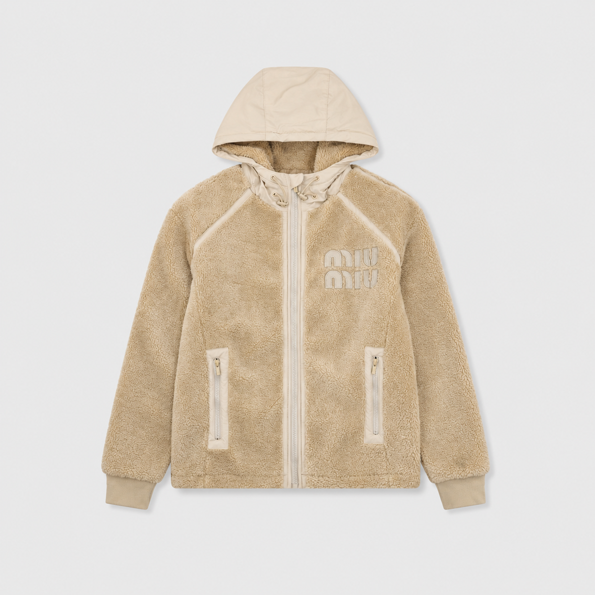 Miu Miu Beige Hooded Sherpa Fleece Zip Jacket Logo Patch Unisex