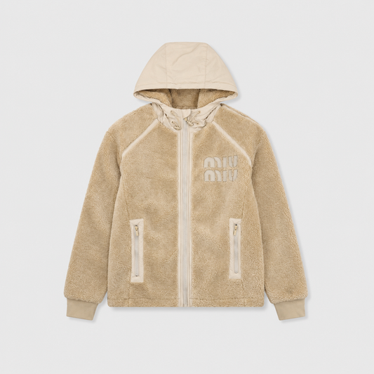 Miu Miu Beige Hooded Sherpa Fleece Zip Jacket Logo Patch Unisex