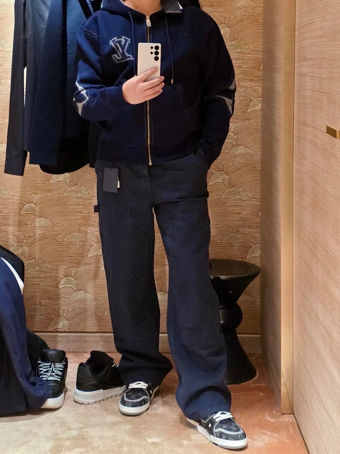 LV Contrast Stitch Embroidery Zip Hoodie Oversized Full Zip Jacket Sweatshirt Navy Unisex Blue（副本）