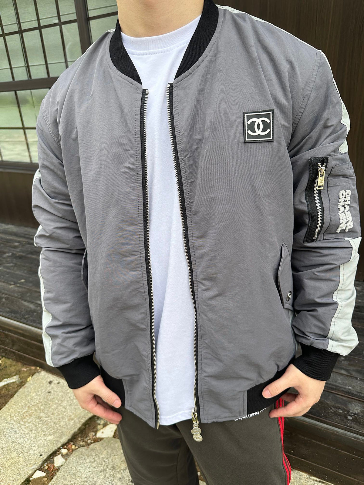 Chanel Grey Color Block Reversible Bomber Jacket CC Square Logo Unisex