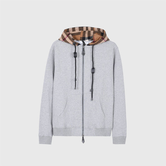 Burberry Heather Grey Zip Up Hoodie Full Vintage Check Hood Unisex