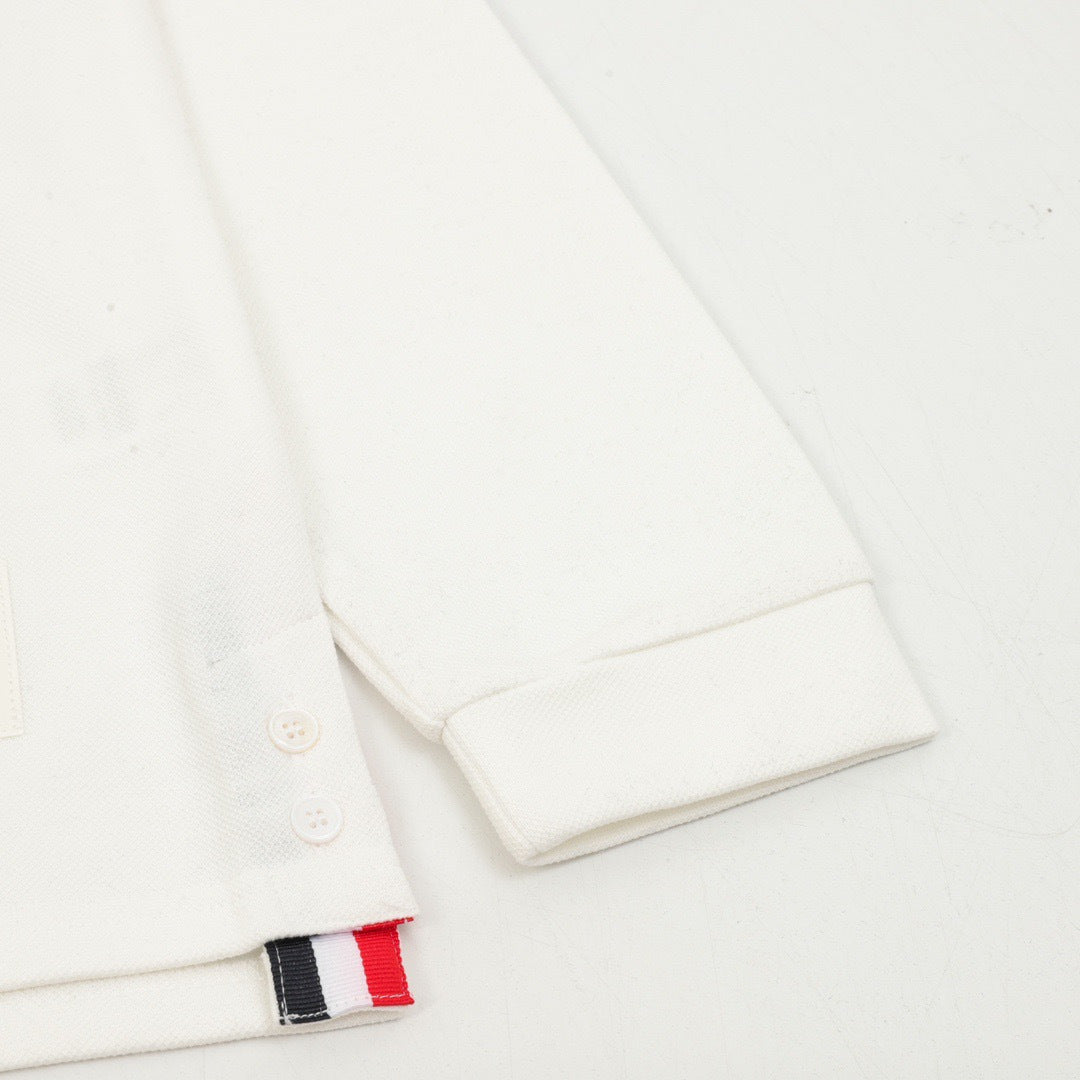 Thom Browne Whale Motif Long Sleeve Polo Shirt men – 4-Bar Stripe Ivory White with Navy