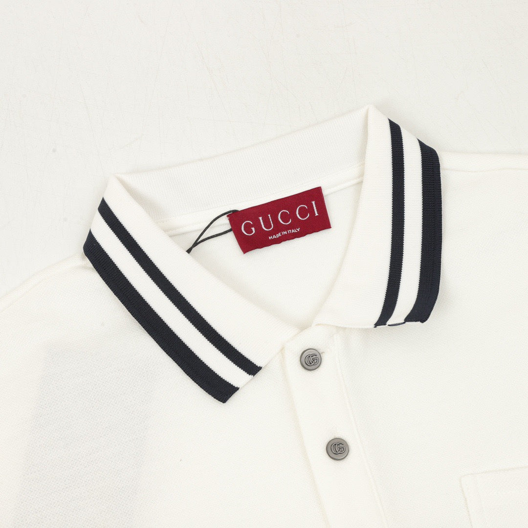 Gucci University Logo Long Sleeve Polo Shirt – Ivory with Striped Collar