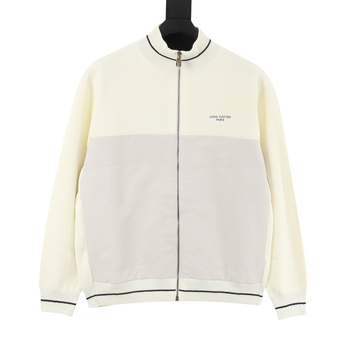 Louis Vuitton Color Block Stand Collar Zip Knit Jacket Luxury Full Zip Outerwear Off White & Light Grey