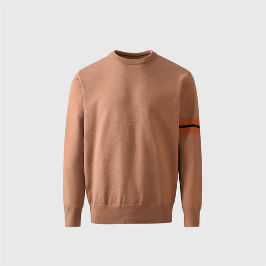 Camel Crew Neck Knit Sweater Orange Striped Sleeve Minimalist Pullover Unisex