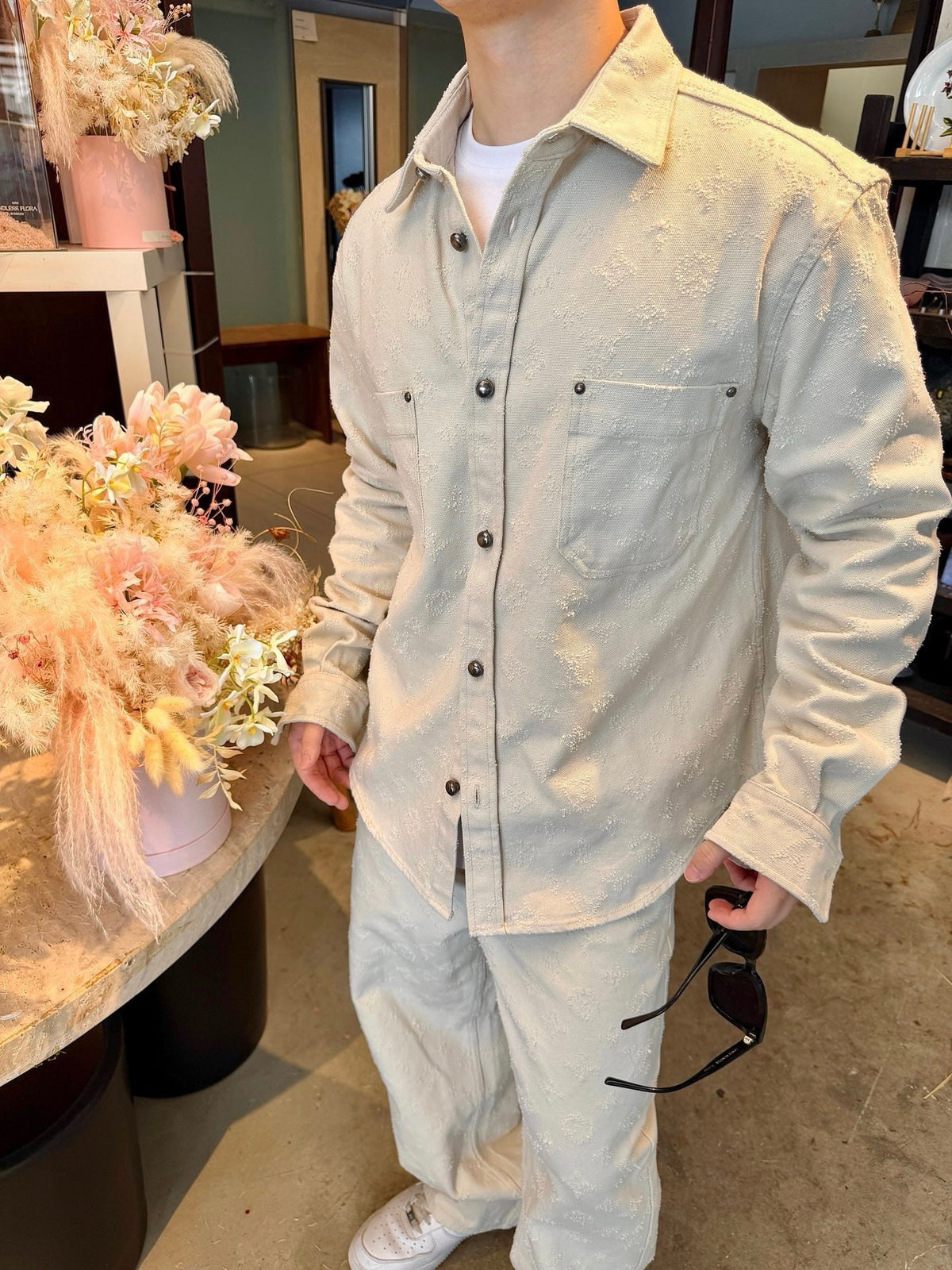 LV Distressed Jacquard Long Sleeve Work Shirt Casual Oversized Shirt Unisex Cream Off White