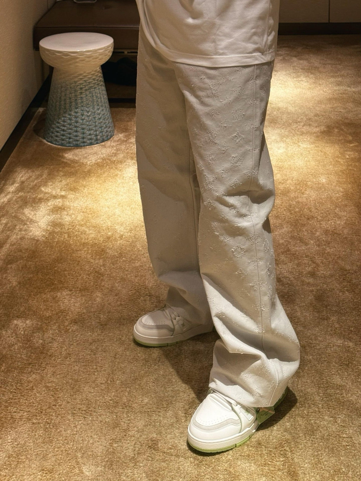 Louis Vuitton Full Textured Monogram Wide Leg Casual Jean Cream Off Whites Streetwear Unisex