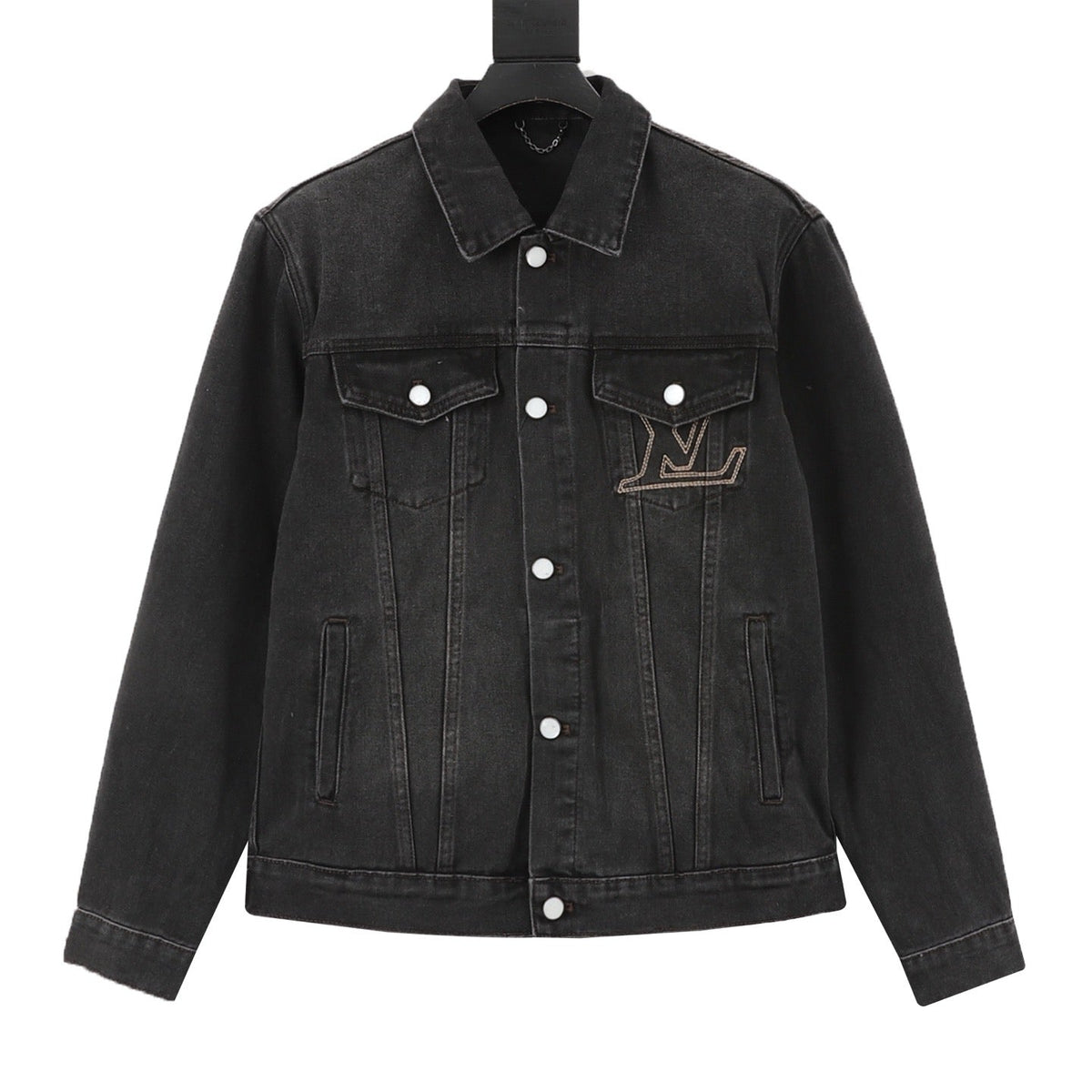 LV Chest Embroidery Logo Denim Jacket Classic Trucker Coat Unisex Washed Black