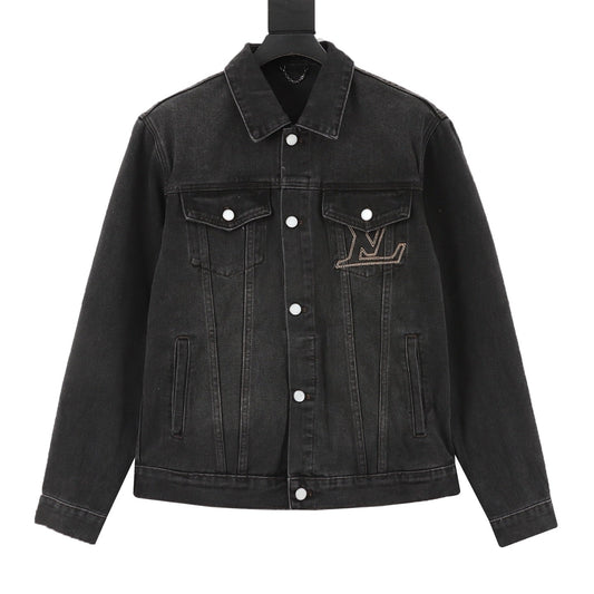 LV Chest Embroidery Logo Denim Jacket Classic Trucker Coat Unisex Washed Black