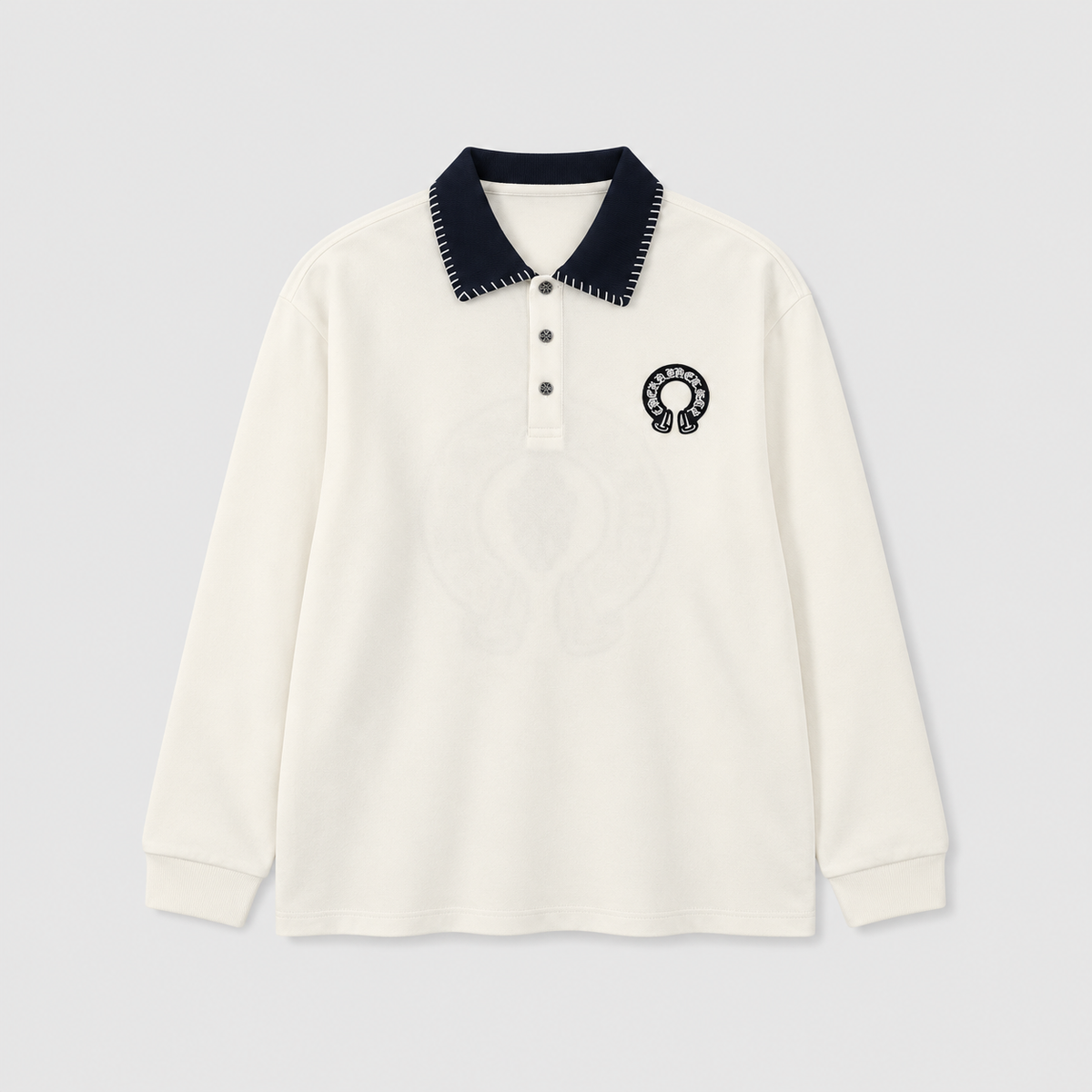Chrome Hearts Horseshoe Logo Long Sleeve Polo Shirt  men– Ivory with Contrast Collar
