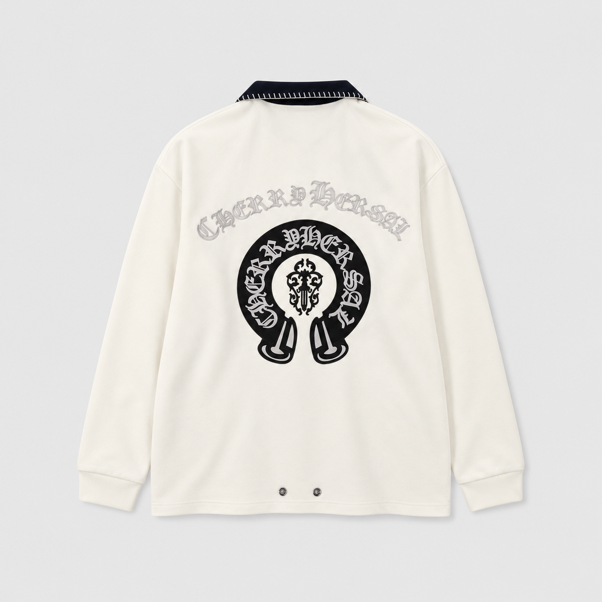 Chrome Hearts Horseshoe Logo Long Sleeve Polo Shirt  men– Ivory with Contrast Collar