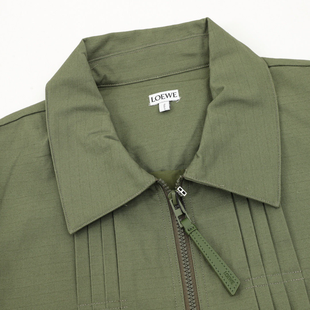 Loewe Army Green Pleated Collared Jacket Anagram Embroidery Zip Up Coat