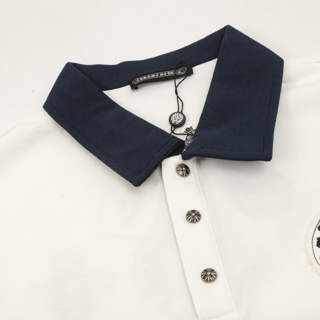 Chrome Hearts Horseshoe Logo Long Sleeve Polo Shirt – Ivory with Contrast Collar