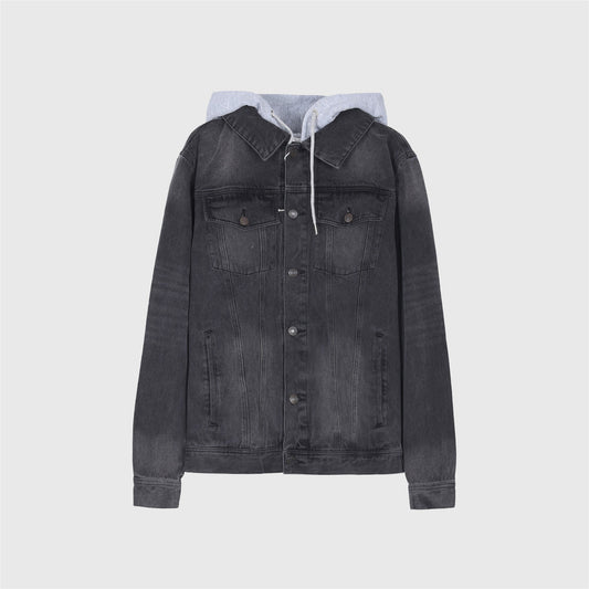 Unisex Black Washed Denim Jacket With Detachable Grey Hood