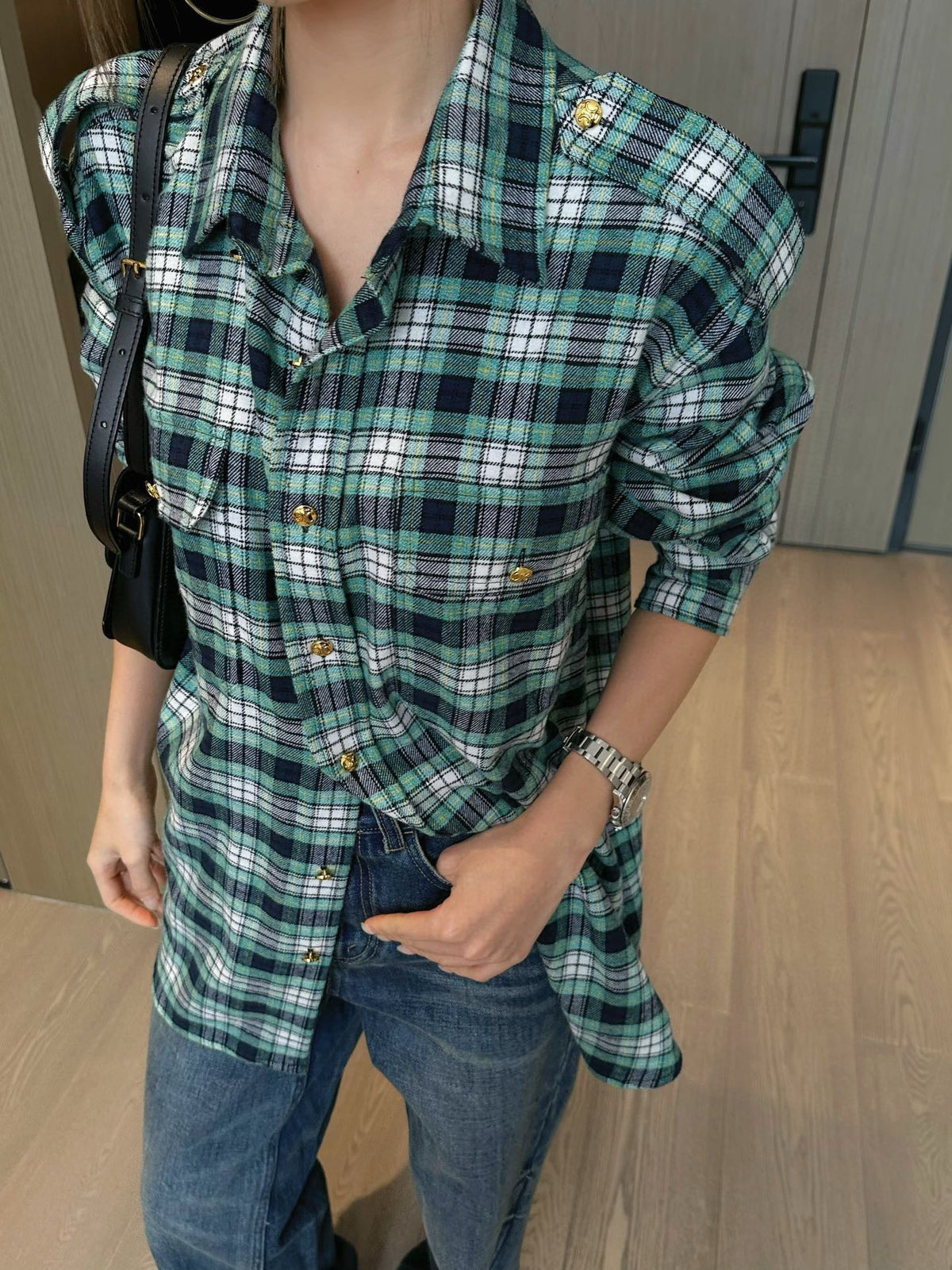 CELINE Plaid Western Shirt – Long Sleeve with Snap Buttons Unisex& Chest Pockets Green Blue