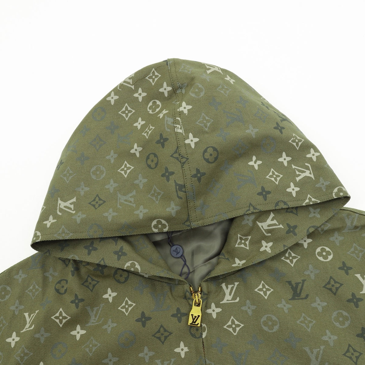 Louis Vuitton Monogram Print Zip Up Hooded Jacket Luxury Hoodie Coat Unisex Olive Green