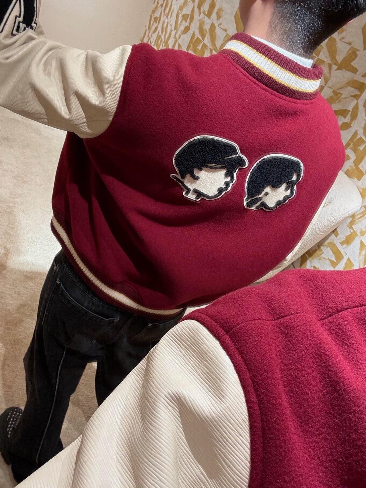 LV x Nigo Burgundy Letter Patch Varsity Jacket Vintage Baseball Coat Streetwear unisex Burgundy & Off-white