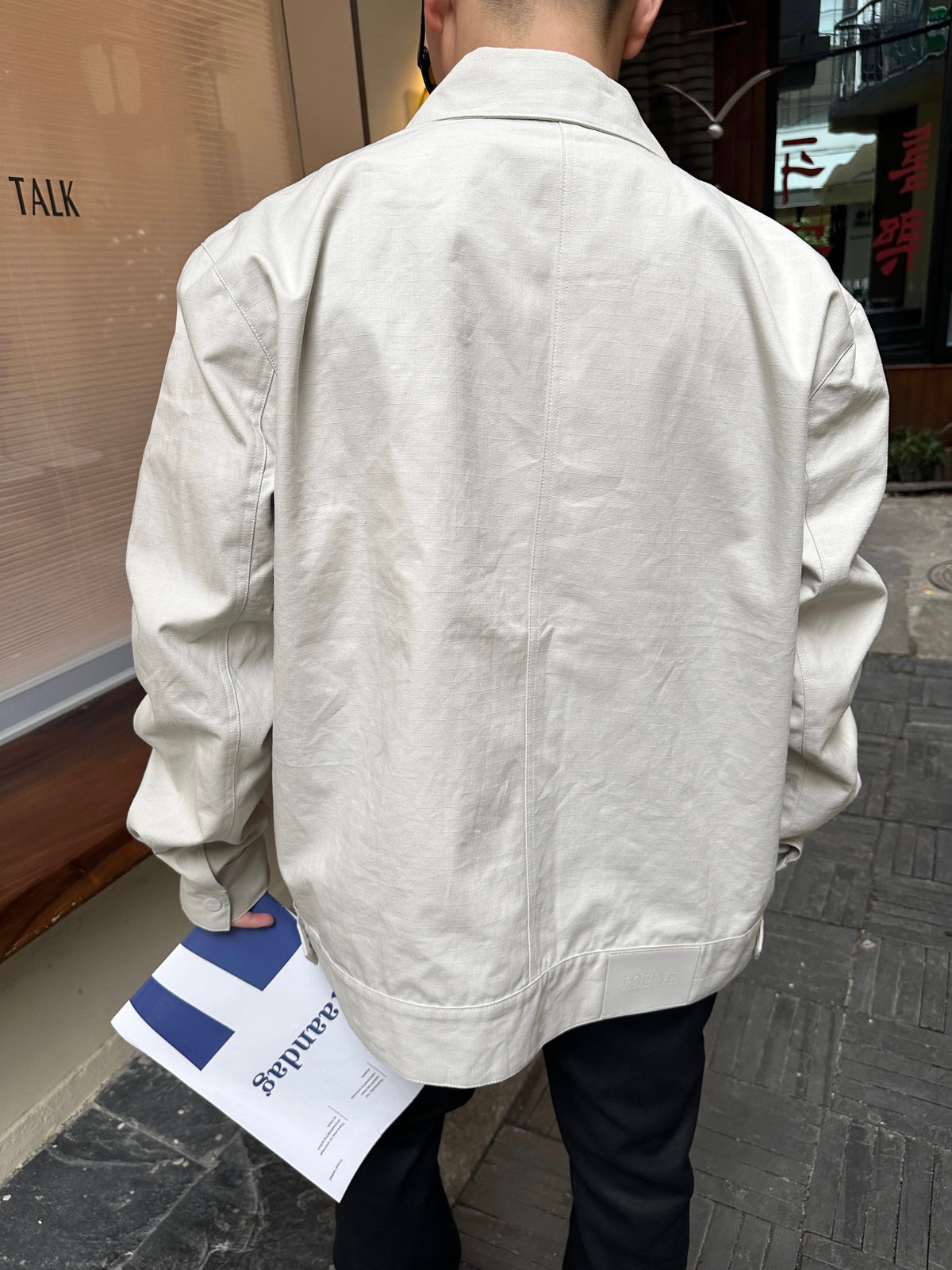 Loewe Light Khaki Pleated Collared Jacket Anagram Embroidery Zip Up Coat