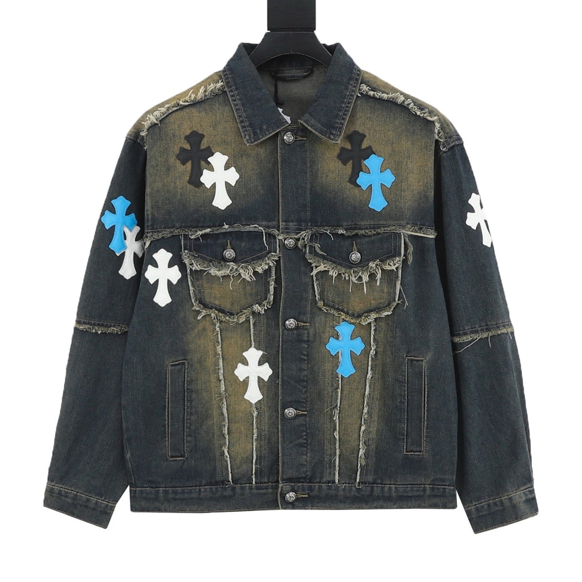 Chrome Hearts Cross Patch Destroyed Denim Jacket Unisex Vintage Washed Fringe Trucker Jacket  Faded Black Wash