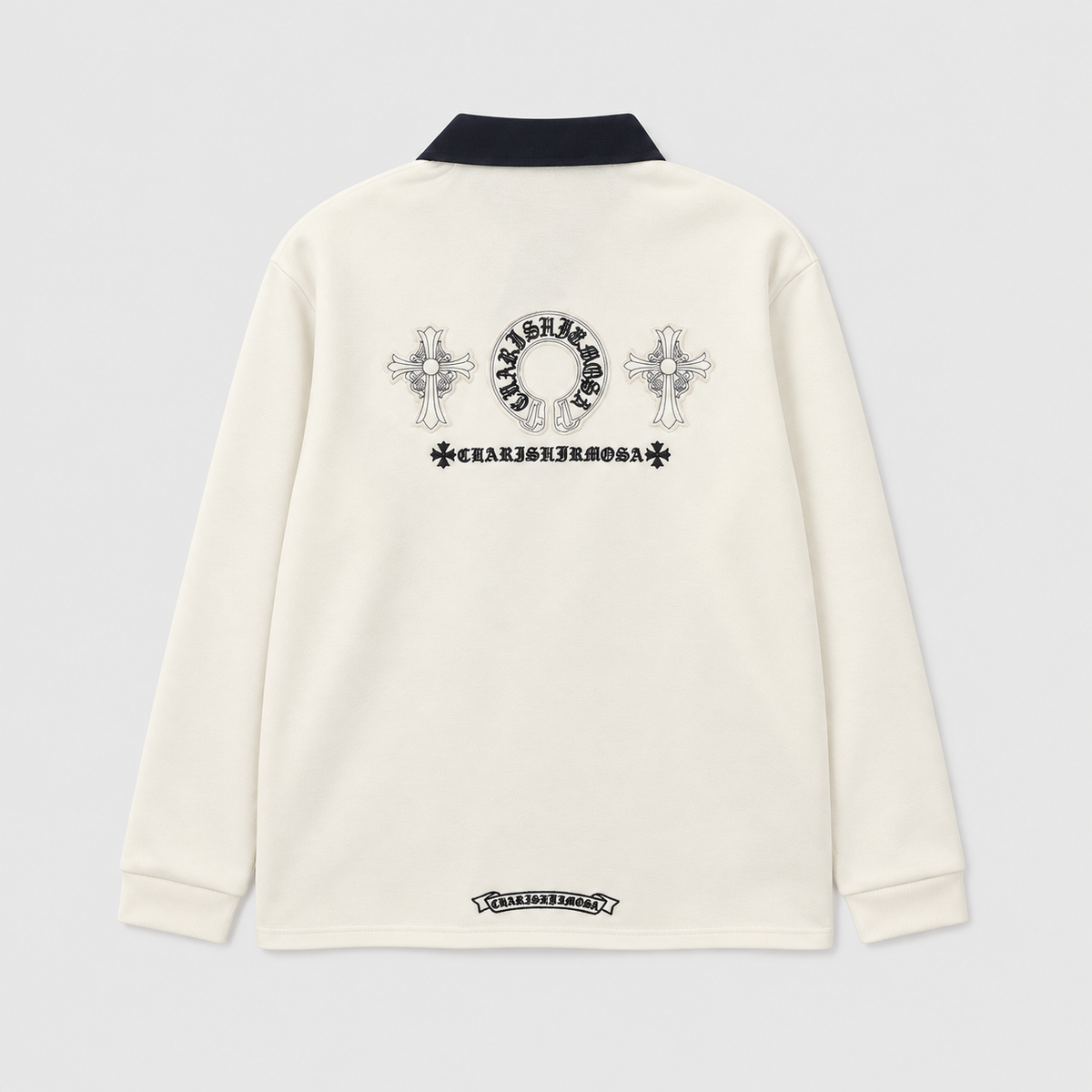 Chrome Hearts Horseshoe Logo Long Sleeve Polo Shirt – Ivory with Contrast Collar