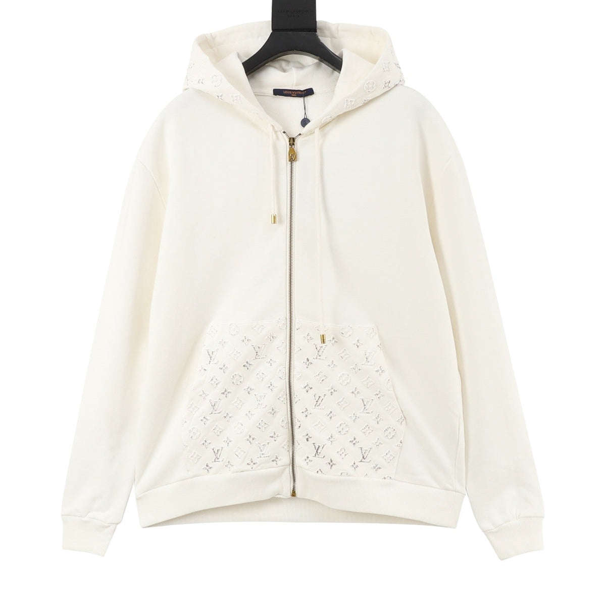 Louis Vuitton Monogram Embossed Full Zip Hoodie Unisex Casual Hooded Sweatshirt Outerwear Off White