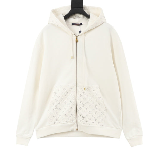Louis Vuitton Monogram Embossed Full Zip Hoodie Unisex Casual Hooded Sweatshirt Outerwear Off White