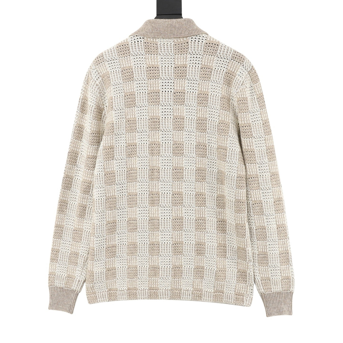 LV Beige Check Openwork Crochet Knit Collared Cardigan Unisex Designer Top