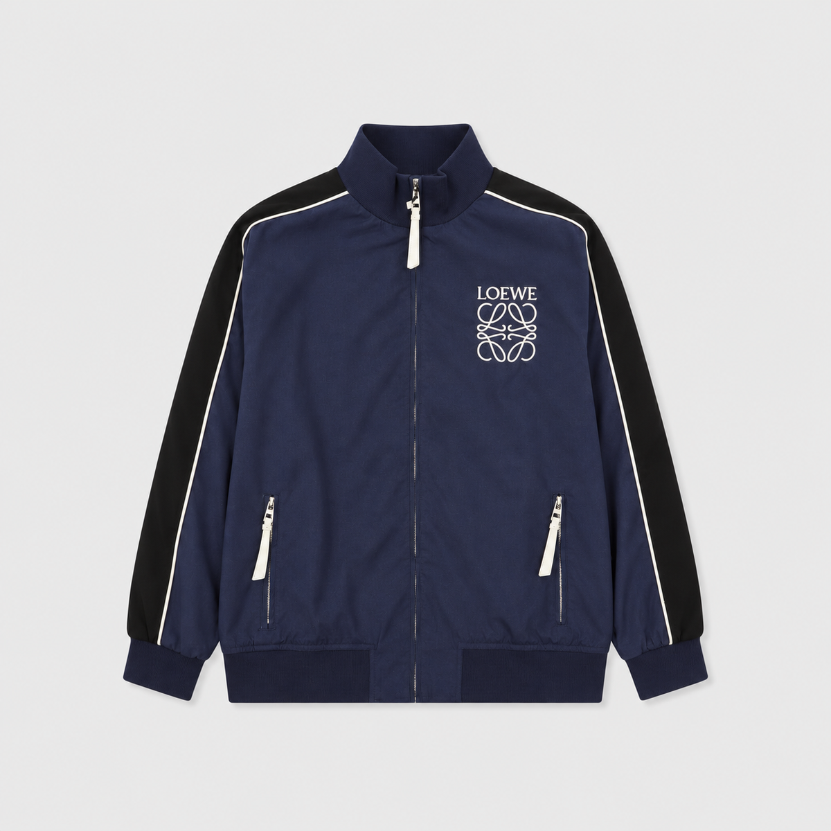 Loewe Navy Color Block Track Jacket Anagram Print Zip Up Coat