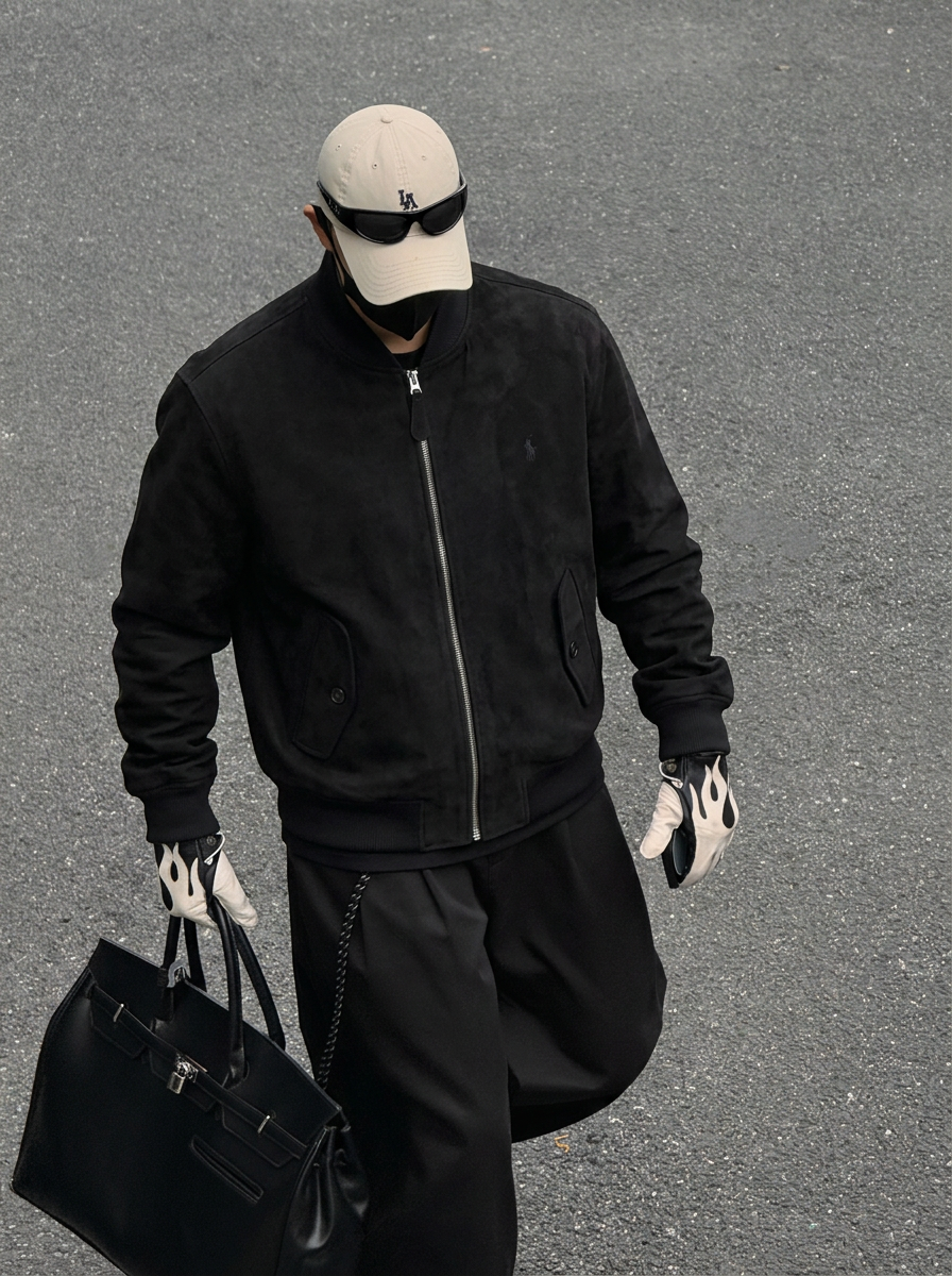 Polo Ralph Lauren Black Suede Effect Bomber Jacket Small Pony Logo Unisex