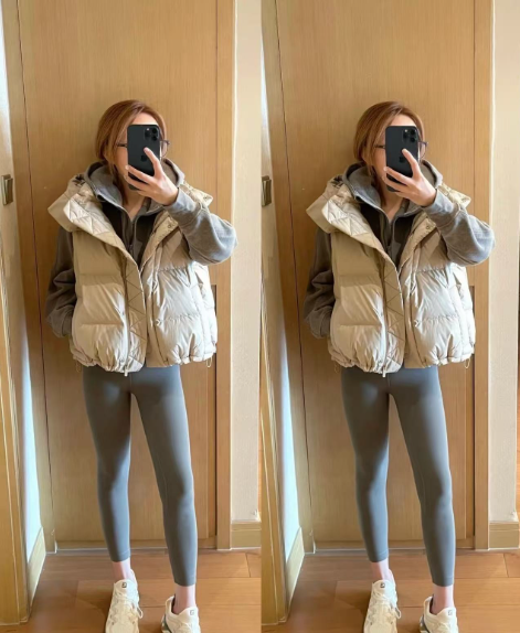 Lululemon Quilted Hood Puffer Vest Snap Button Sleeveless Warm Gilet Unisex Bone