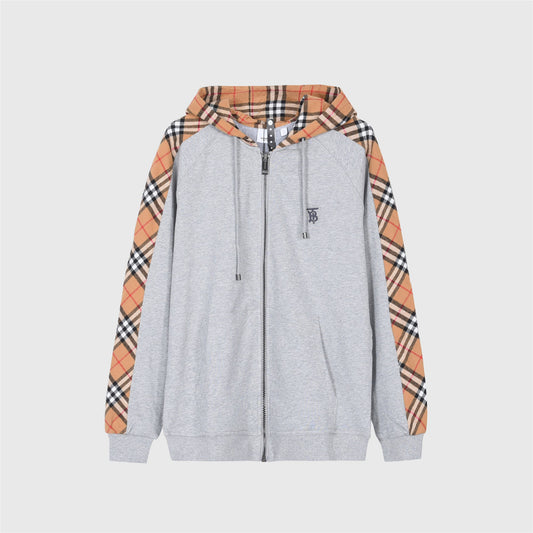 Burberry Heather Grey Vintage Check Raglan Sleeve Zip Up Hoodie Unisex