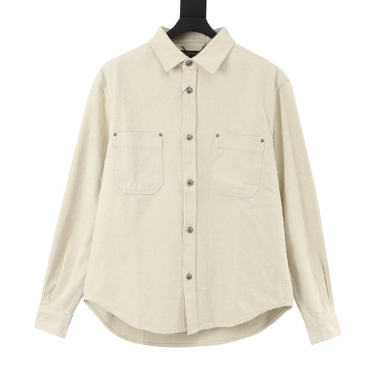LV Distressed Jacquard Long Sleeve Work Shirt Casual Oversized Shirt Unisex Cream Off White