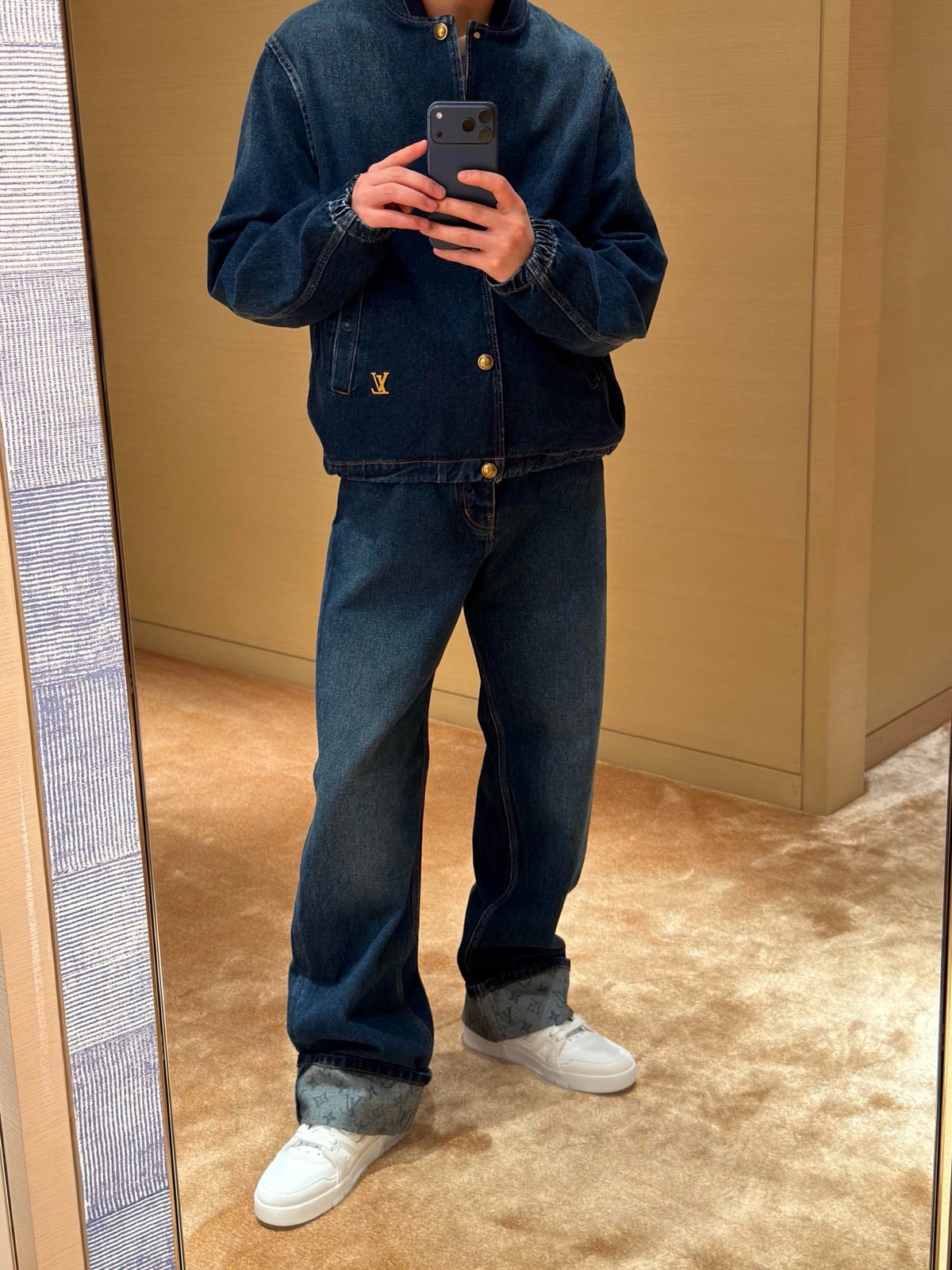 Louis Vuitton Denim Coach / Bomber Jacket with Gold Buttons Unisex Dark Blue