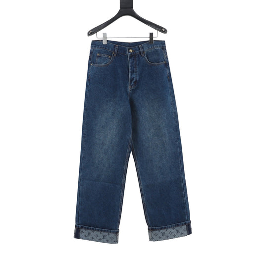 Louis Vuitton Luxury Monogram Cuffed Hem Loose Fit Denim Trousers Unisex