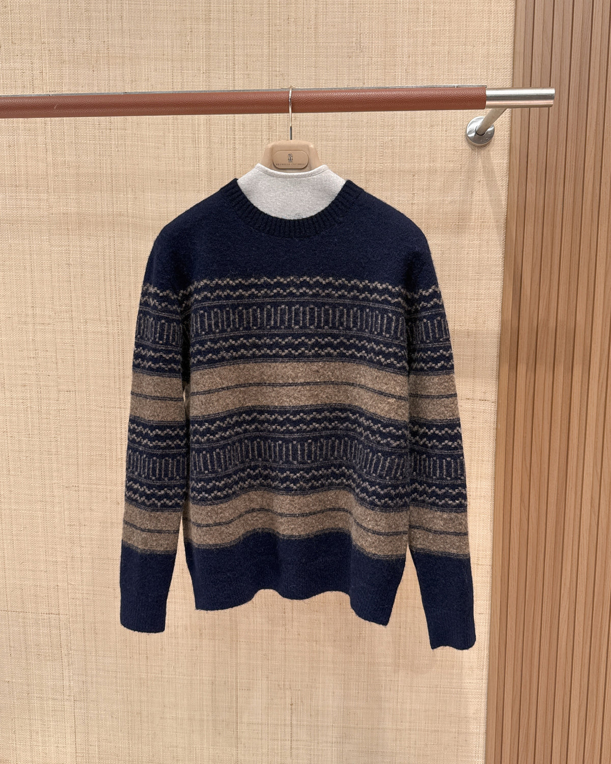 Fair Isle Crew Neck Knit Sweater Retro Stripe Jacquard Pullover Unisex Navy Mix