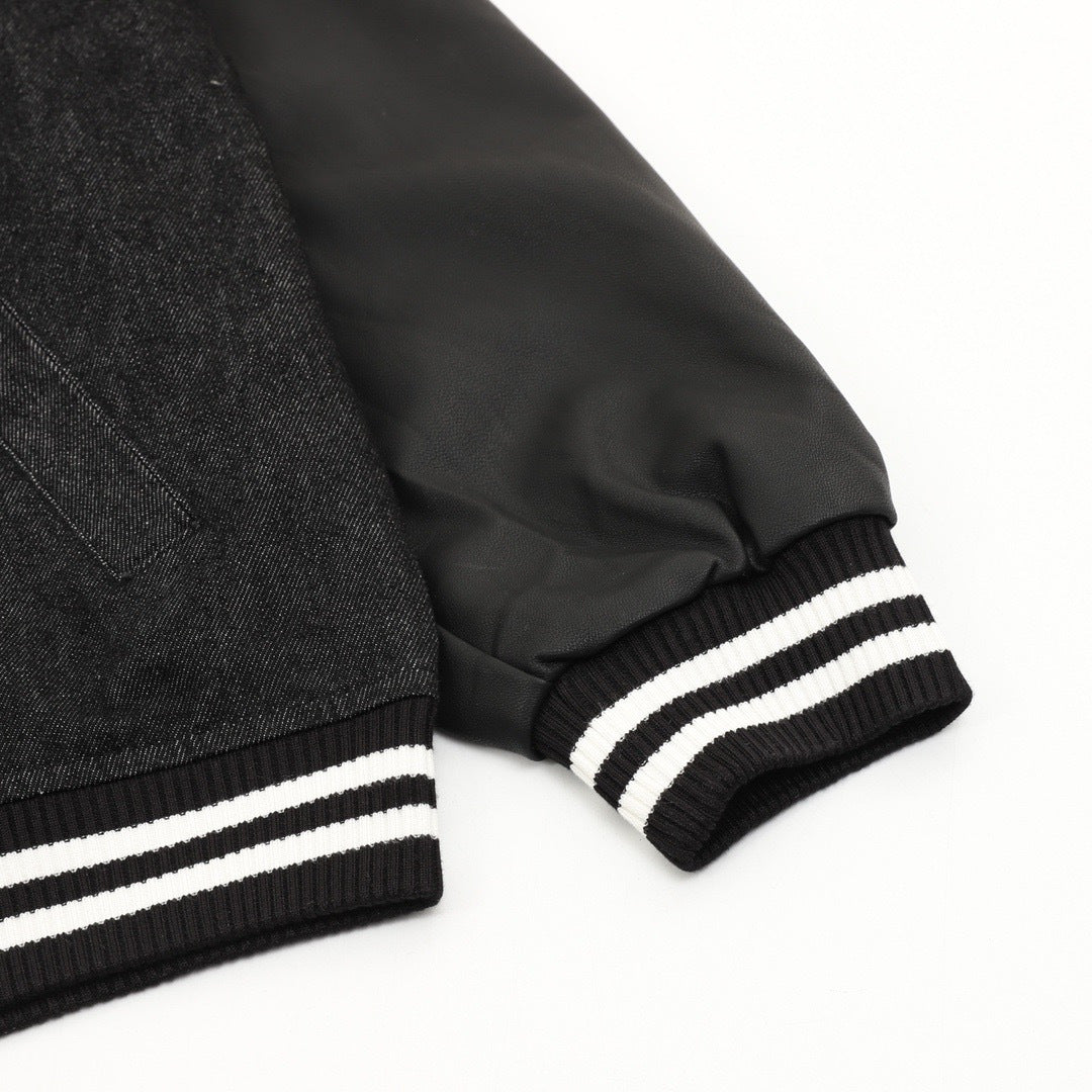 Celine Black Denim Leather Sleeve Detachable Hood Varsity Jacket Unisex