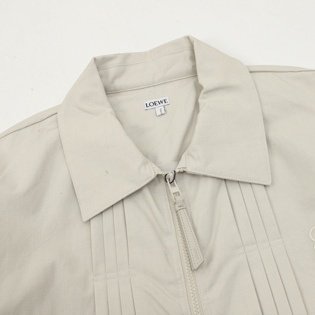 Loewe Light Khaki Pleated Collared Jacket Anagram Embroidery Zip Up Coat