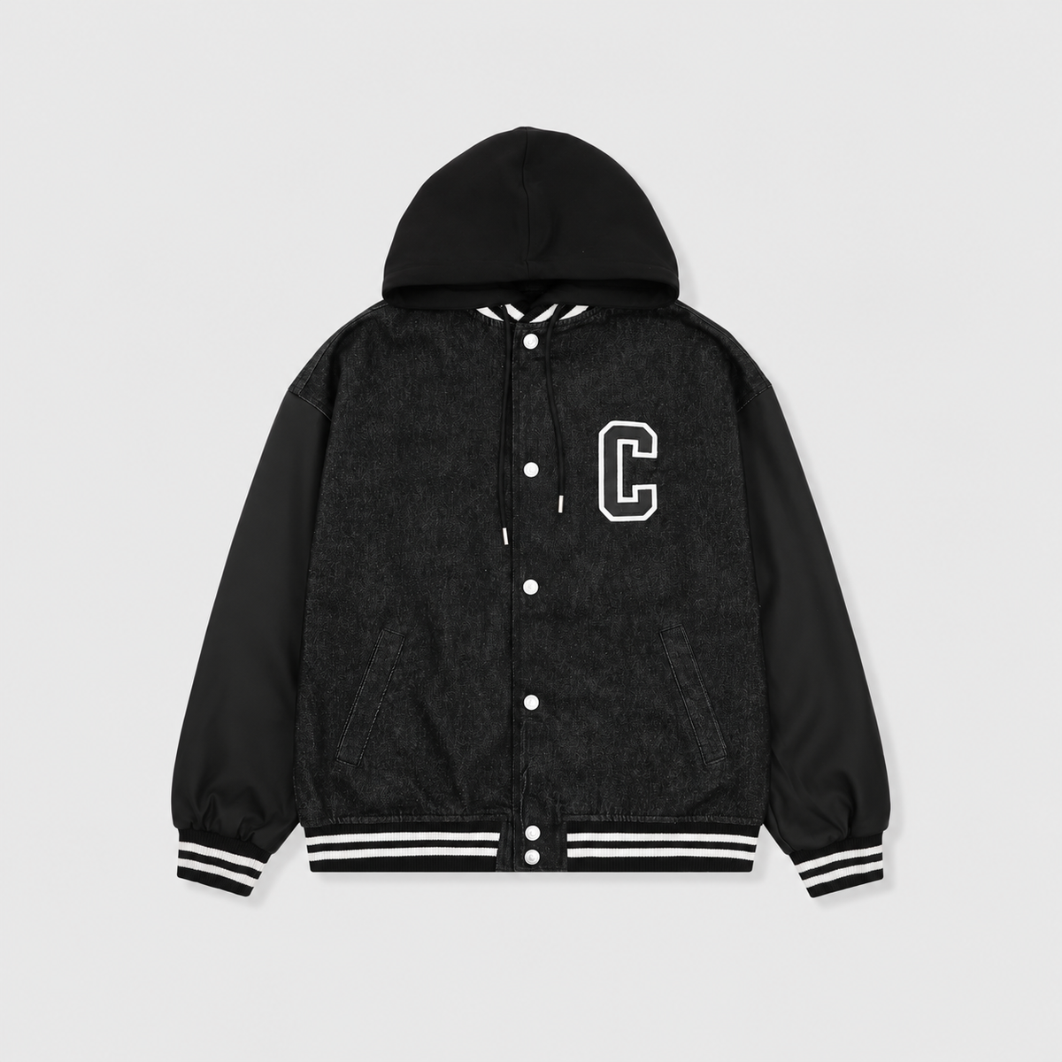 Celine Black Denim Leather Sleeve Detachable Hood Varsity Jacket Unisex