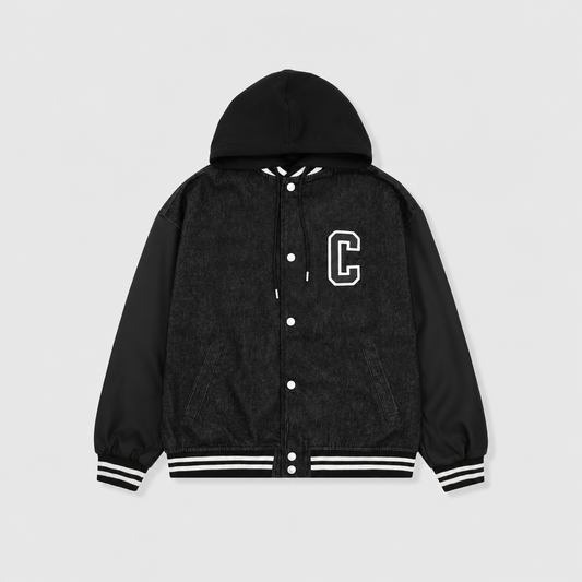 Celine Black Denim Leather Sleeve Detachable Hood Varsity Jacket Unisex