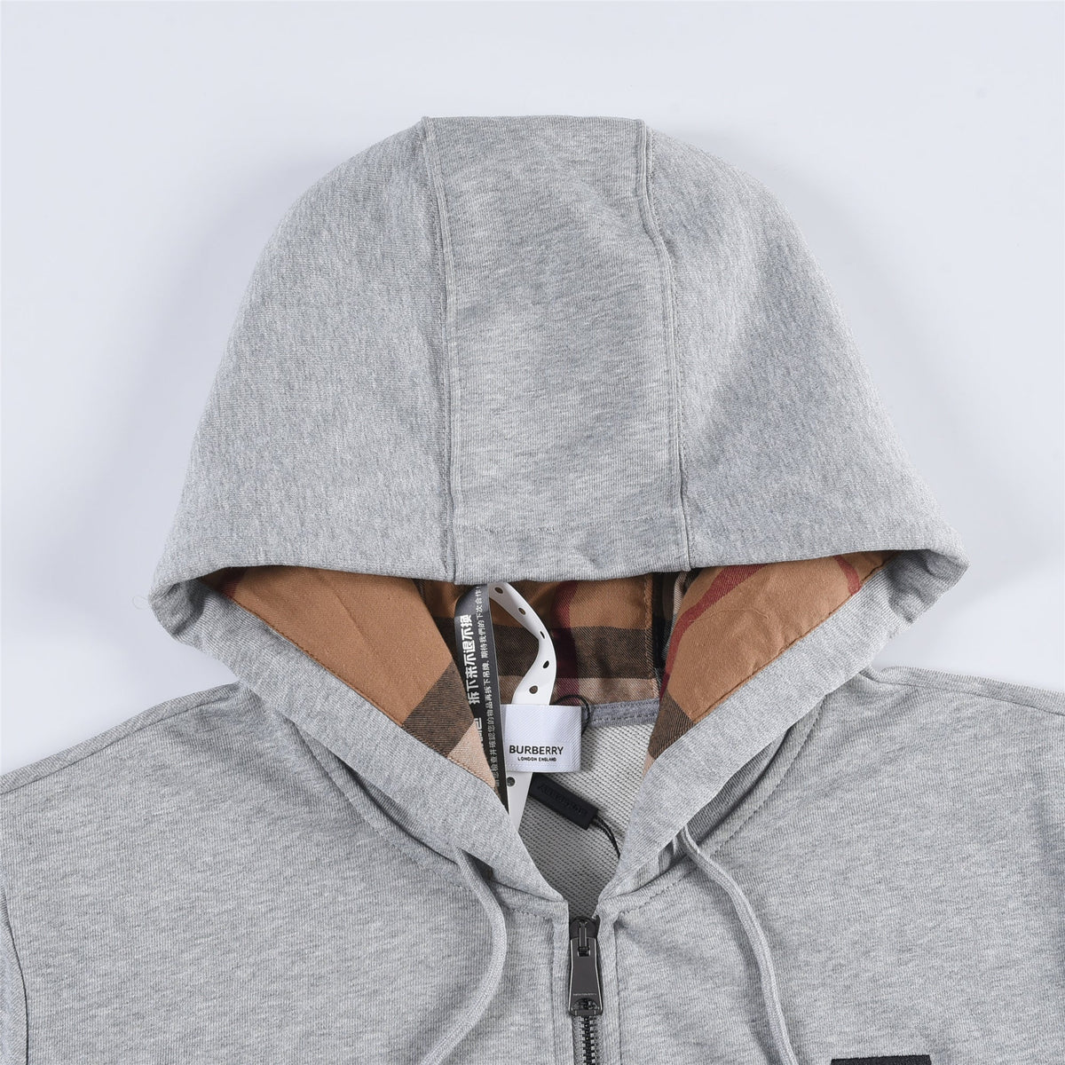 Burberry Heather Grey TB Monogram Embroidered Zip Up Hoodie Check Lined Hood Unisex