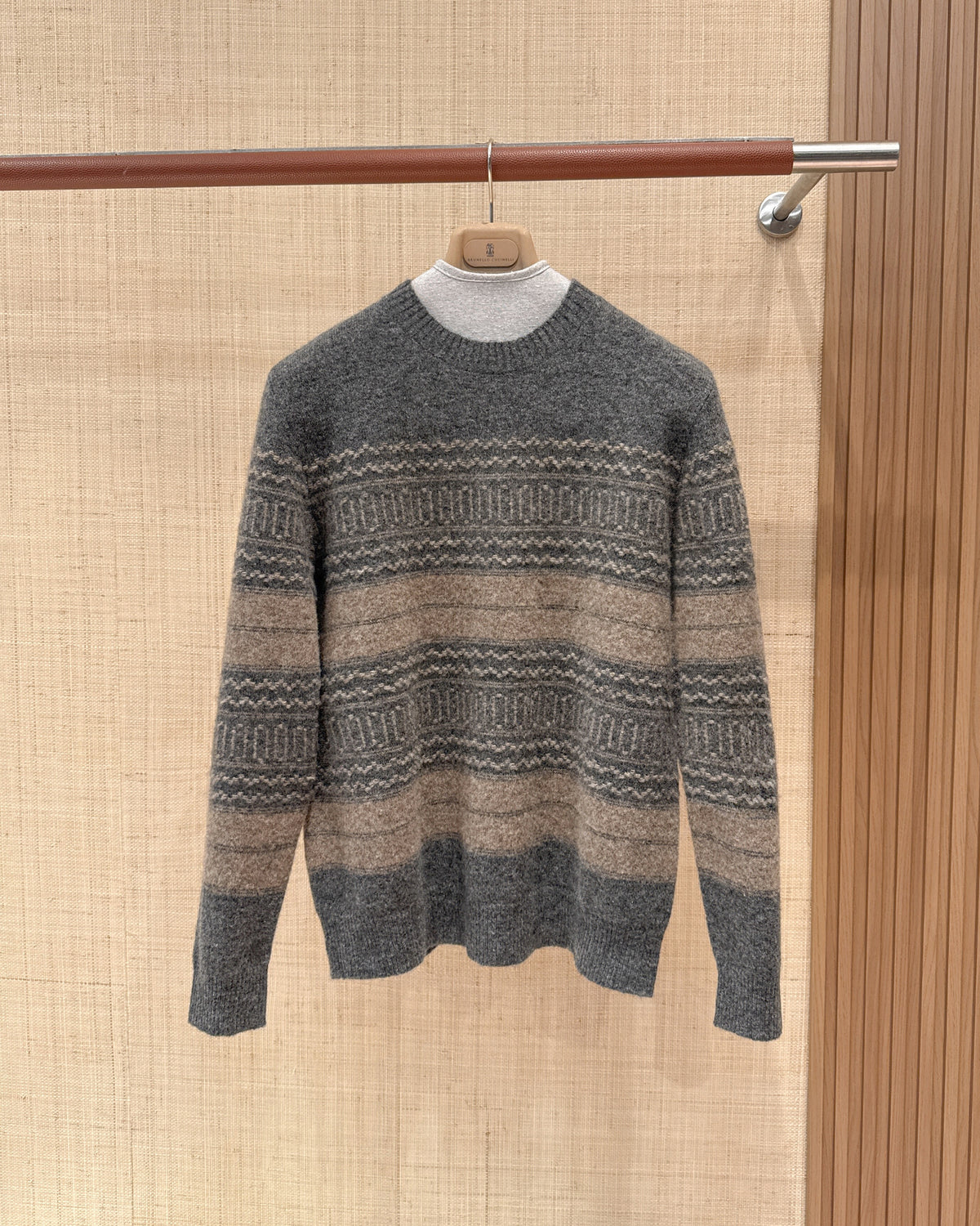 Fair Isle Crew Neck Knit Sweater Retro Stripe Jacquard Pullover Unisex Heather Grey