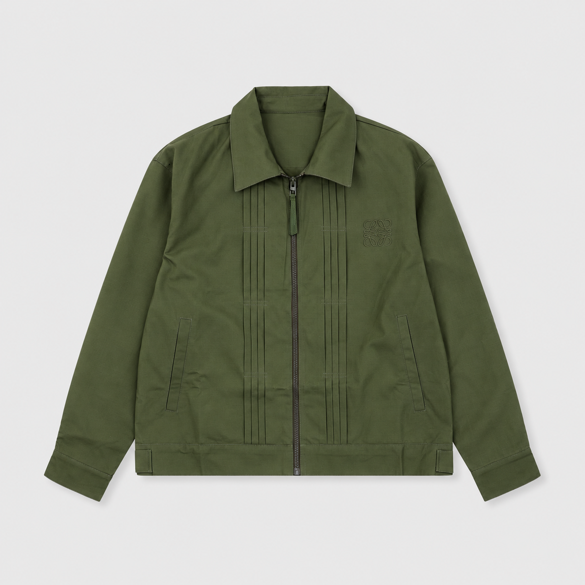 Loewe Army Green Pleated Collared Jacket Anagram Embroidery Zip Up Coat