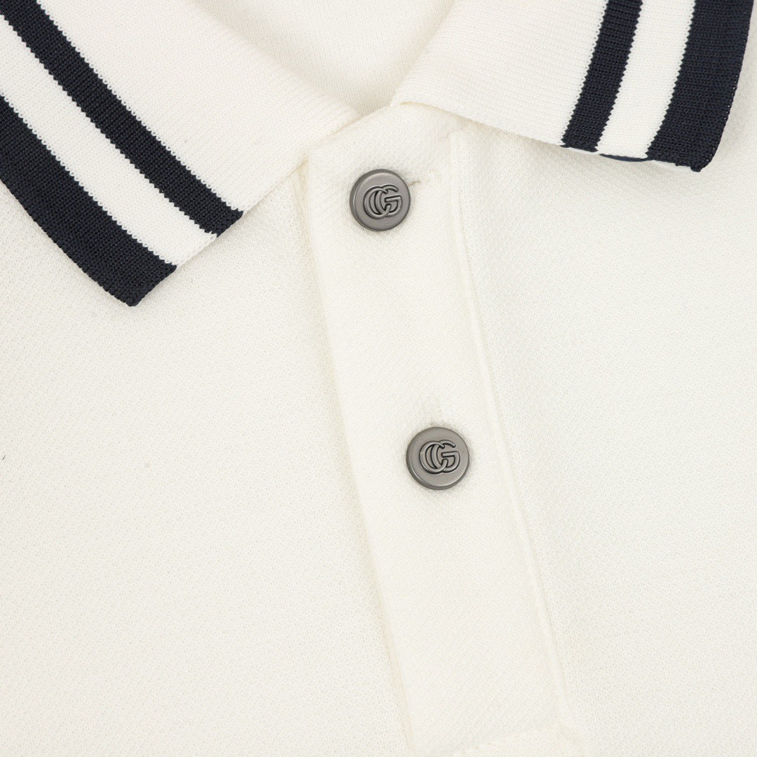 Gucci University Logo Long Sleeve Polo Shirt – Ivory with Striped Collar