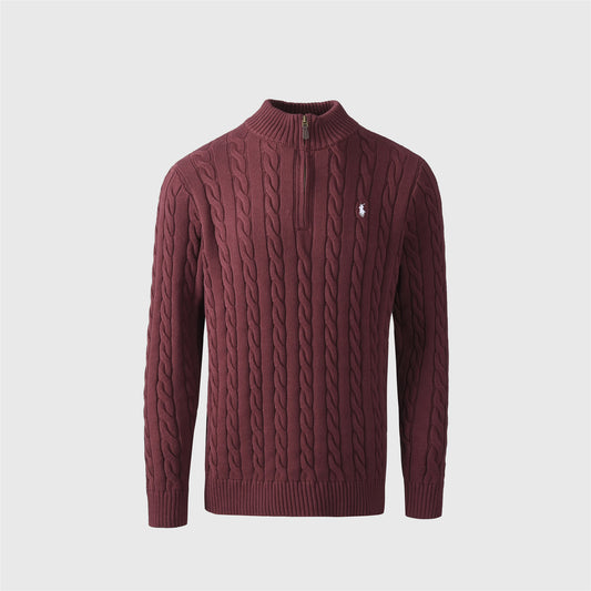 Polo Ralph Lauren Burgundy Cable Knit Quarter Zip Sweater White Pony Logo Unisex