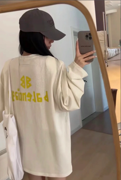 Balenciaga Tape Print Logo Long Sleeve Top Oversized Casual Shirt Unisex Off White with Gold Tape Print