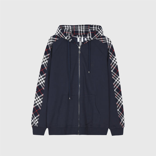 Burberry Navy Vintage Check Panel Zip Up Hoodie Unisex