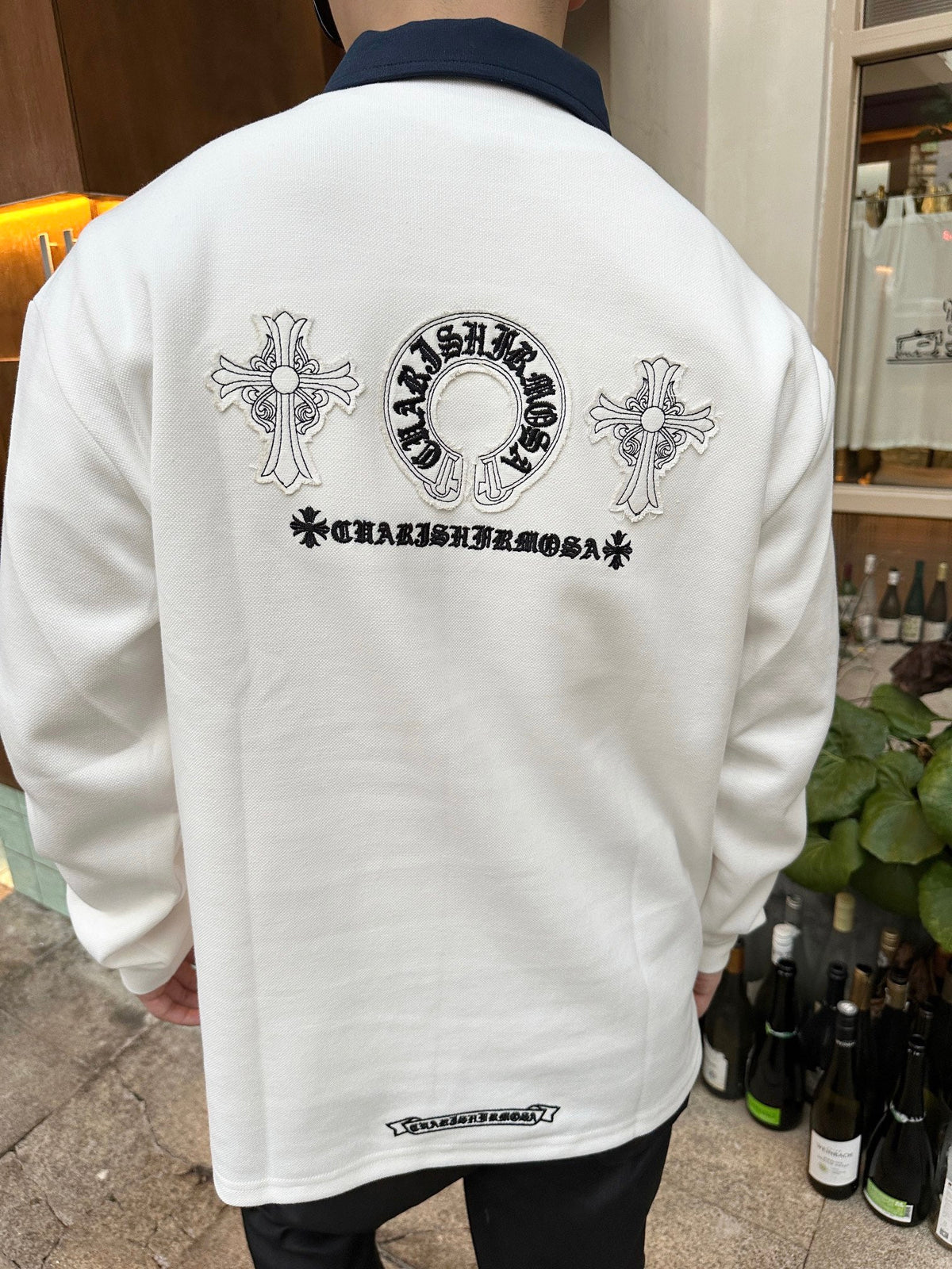 Chrome Hearts Horseshoe Logo Long Sleeve Polo Shirt – Ivory with Contrast Collar