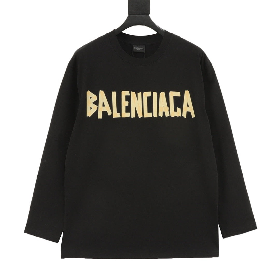 Balenciaga Tape Print Logo Long Sleeve Top Oversized Casual Shirt Unisex Black with Yellow Tape Print