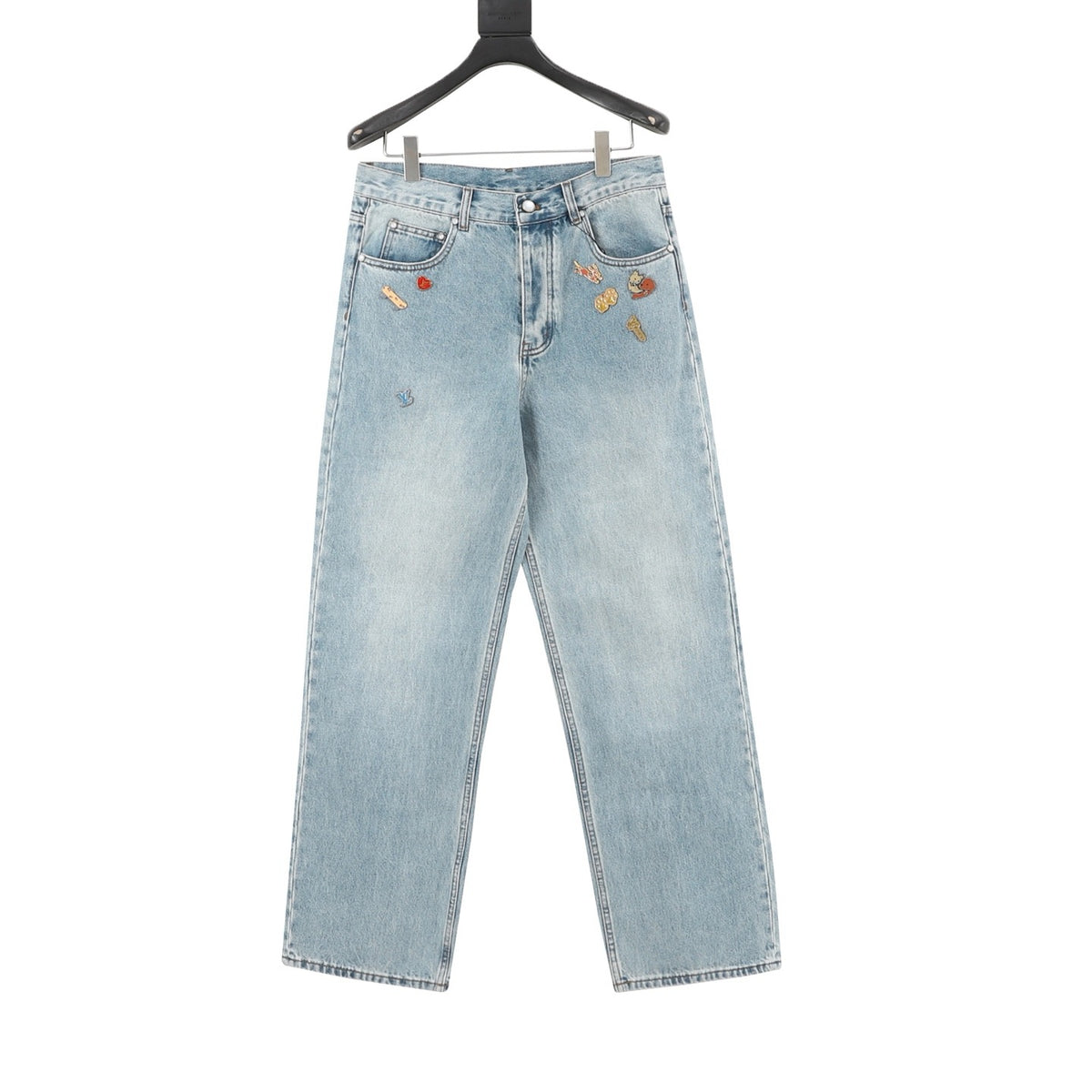 LV Luxury Embroidered Badge Wide Leg Jeans Relaxed Fit Streetwear Denim Trousers Light Wash Blue